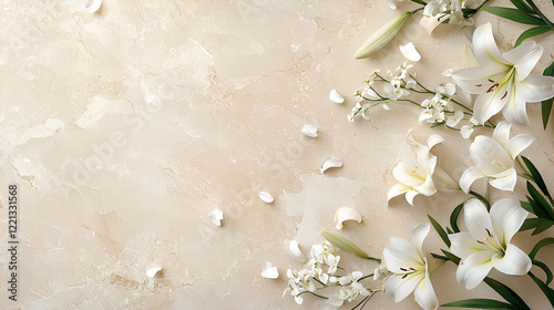 Elegant white lilies and blossoms arranged on a beige marble background. Perfect for sympathy cards, wedding invitations, or other elegant designs.