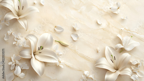 Elegant white lilies and petals arranged on a creamy marble background.  Perfect for spa, beauty, or wedding themes.