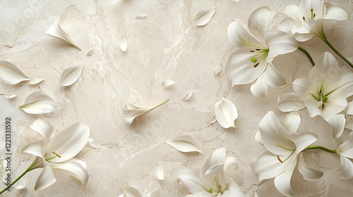 Elegant white lilies and petals scattered on a light beige marble background. Perfect for sympathy cards, wedding invitations, or peaceful designs.