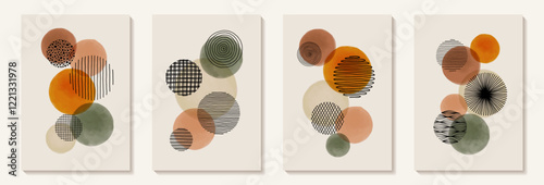 Creative minimalist hand painted Abstract art background with watercolor stain and Hand Drawn doodle Scribble Circle. Design for wall decoration, postcard, poster or brochure