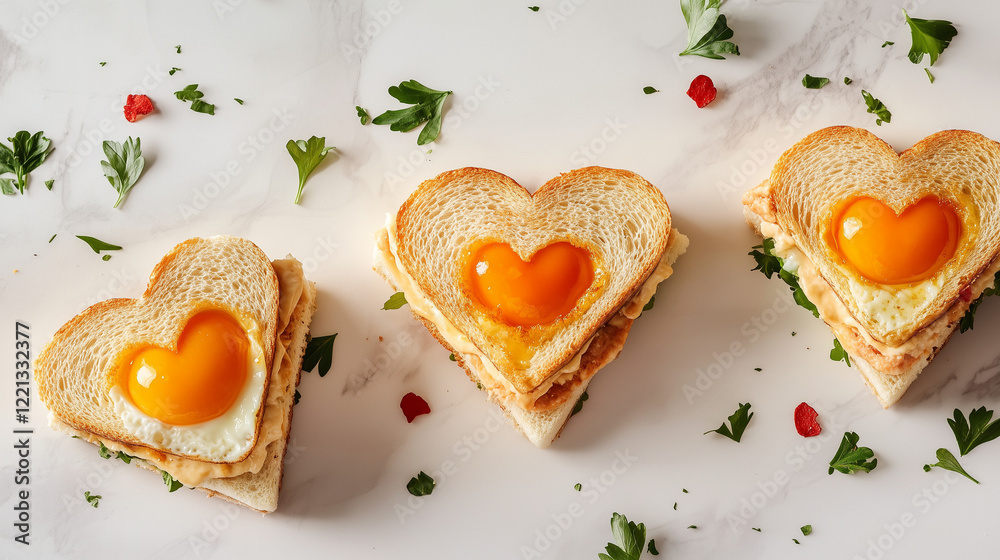 Obraz premium Tasty sandwiches with heart shaped fried eggs for romantic breakfast on white marble table, flat lay