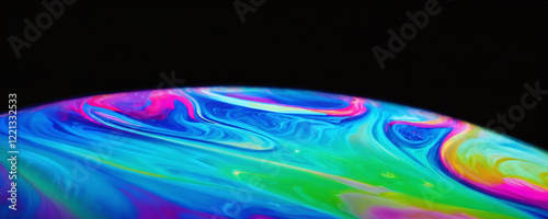 Colorful swirls of soap bubble reflect vibrant patterns against dark background in abstract display of light and color
