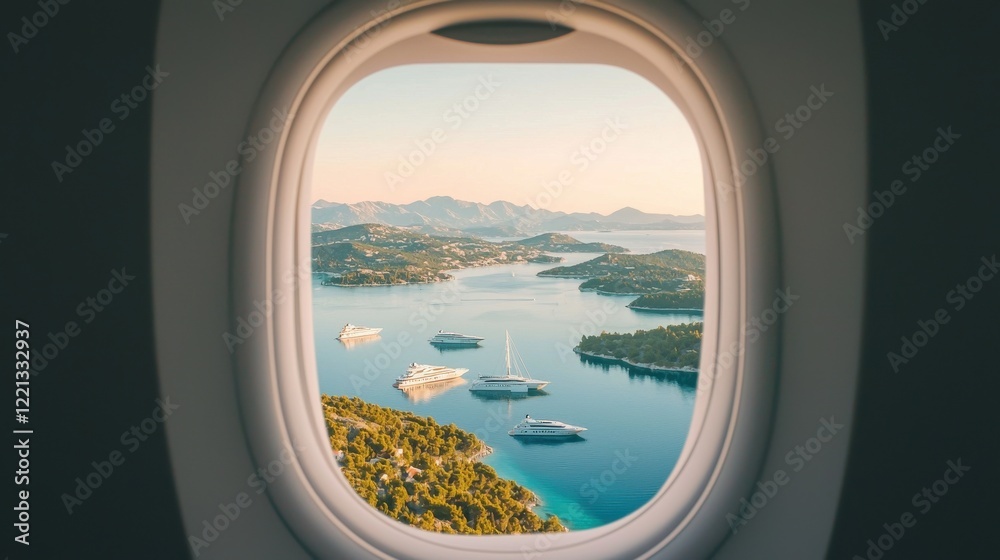 Airplane window view of calm bay with yachts anchored relaxing luxury scene aerial perspective Airplane window view of calm bay with yachts anchored relaxing luxury scene aerial perspective
