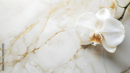 Elegant white orchid blossoms on a marble surface with gold veining. Luxurious and serene.