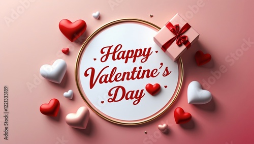 Elegant Valentines Day Card with Circular Design, Floating Hearts, and Gift Box on Gradient Pink Background, Generative AI.