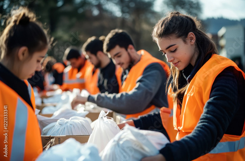 Many volunteers pack aid supplies into boxes outdoors. People in bright orange safety vests work together diligently. Fill bags with provisions for victims of possible disaster. Large group works