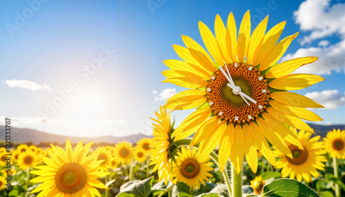 Giant sunflower clock marking time under sunny sky, symbol of renewal