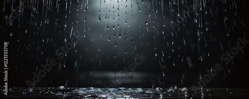 Rainfall creating ripples on a calm water surface in a dark atmosphere