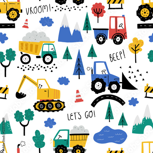 Seamless vector pattern with cute cars - Truck, tractor, cargo crane, bulldozer, excavator. Drawing for children's textiles with cars and vehicles for boys. Kids car background. Scandinavian style