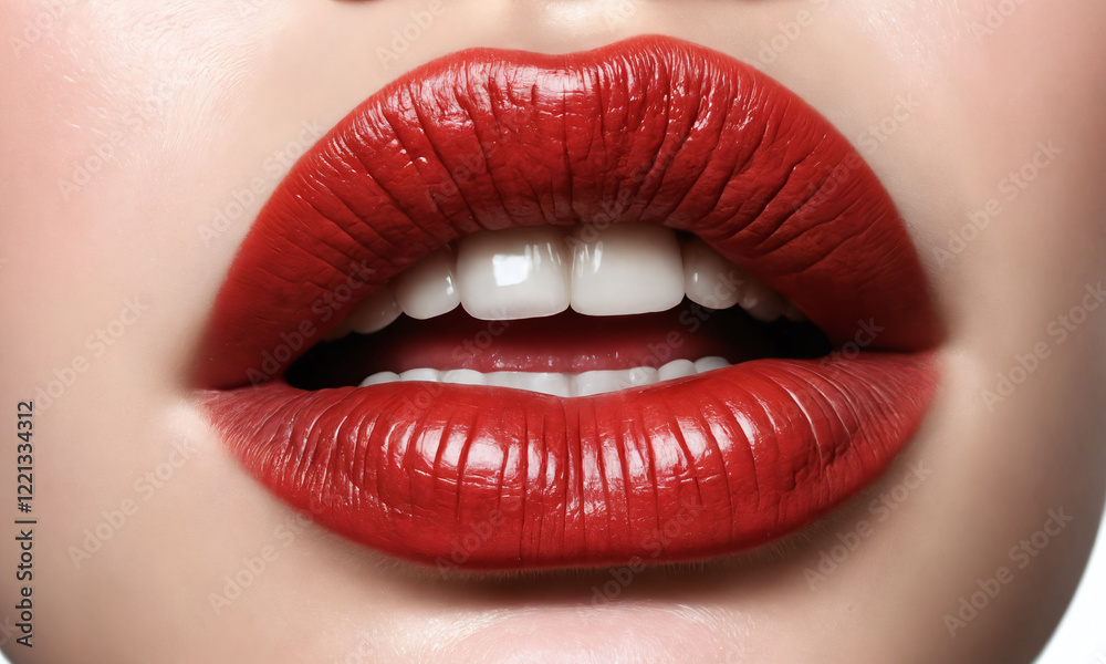 Bold red lips showcase glossy lipstick application in bright lighting for beauty enthusiasts Bold red lips showcase glossy lipstick application in bright lighting for beauty enthusiasts