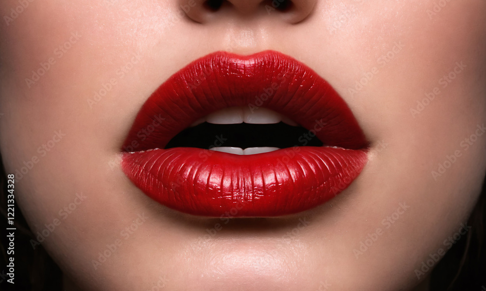 Obraz premium Close-up view of lips adorned with vibrant red lipstick highlighting beauty and allure