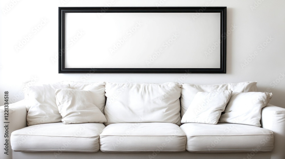 White sofa with pillows and empty black frame on wall. White sofa with pillows and empty black frame on wall.