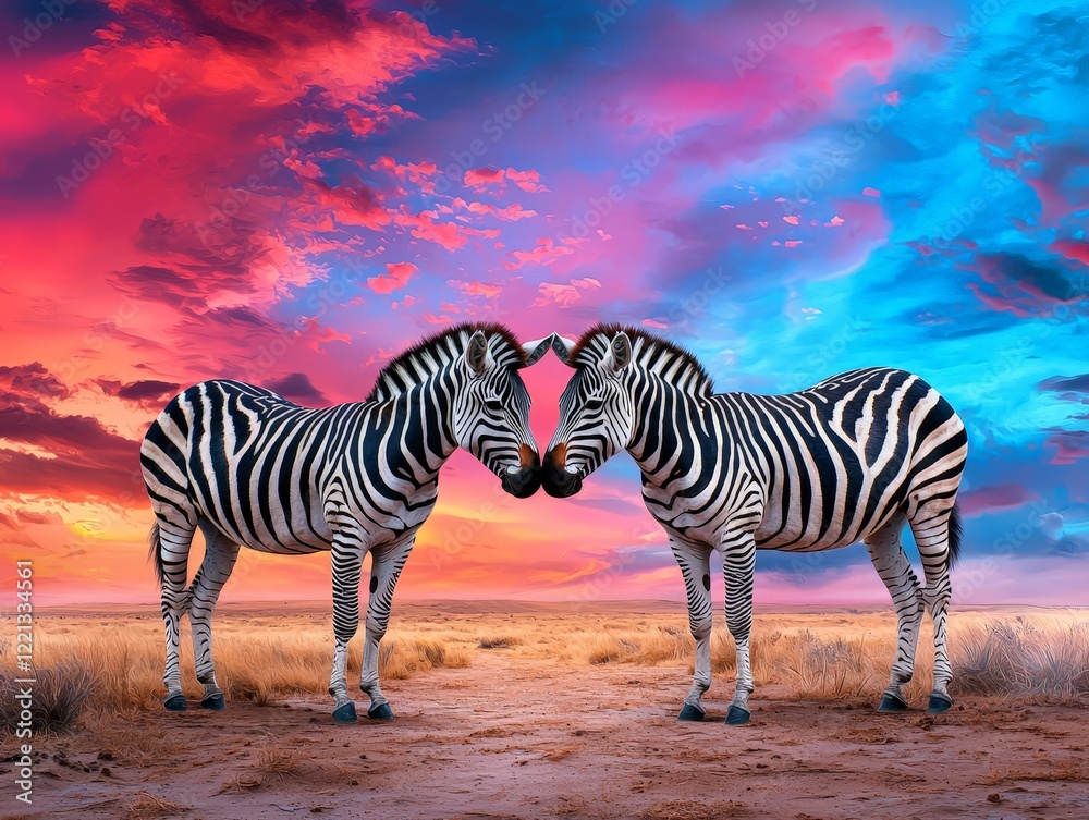 Fototapeta premium A Pair of Zebras Standing Nose to Nose in the Savanna at Sunset, Capturing the Essence of Wildlife in a Vibrant and Colorful Landscape
