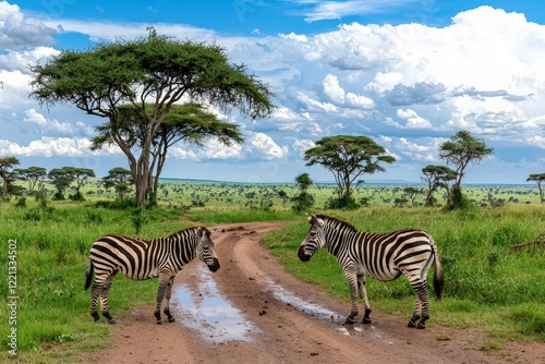 A Pair of Zebras Grazing Together in the Lush Green Savannah Under a Bright Blue Sky with Fluffy White Clouds in the Background