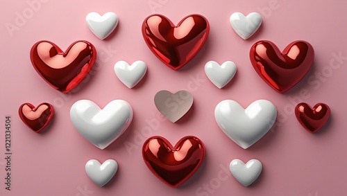Minimalist 3D Heart Design with Red and White Symmetry on Pink Background, Valentines Day Art, Generative AI.