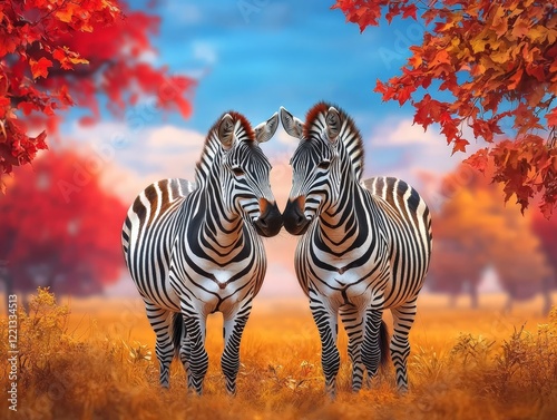 Pair of zebras standing nose to nose in a picturesque savannah landscape with vibrant foliage and a stunning blue sky during a serene autumn day