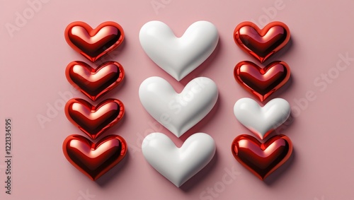 Minimalist 3D Heart Design with Red and White Symmetry on Pink Background, Valentines Day Art, Generative AI.