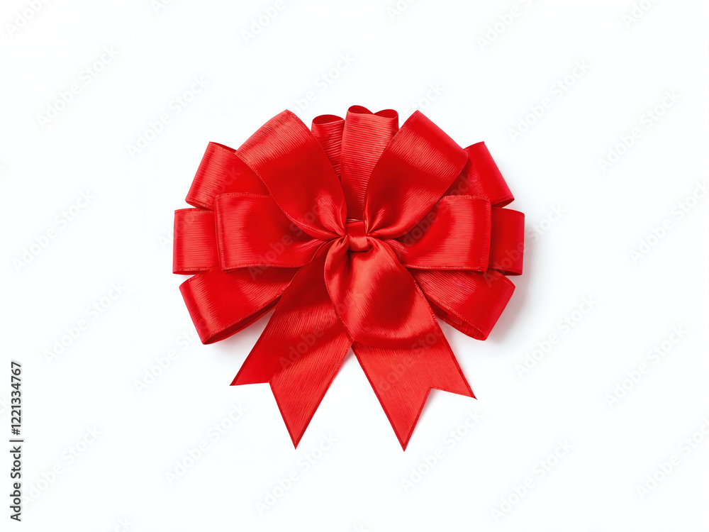 Bright red satin bow tied elegantly with wide loops and long tails on a pure white background suitable for gift wrapping Bright red satin bow tied elegantly with wide loops and long tails on a pure white background suitable for gift wrapping