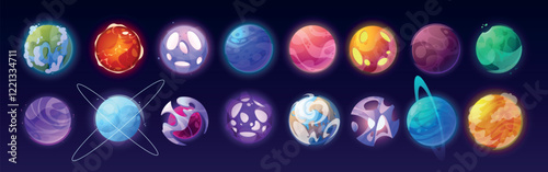 Space icons. Galaxy planets. Solar system. Earth and Mars. Game universe color sticker with gradient purple stars. Fantasy sky. Cosmos world. Saturn orbit. Vector cartoon astronomy set