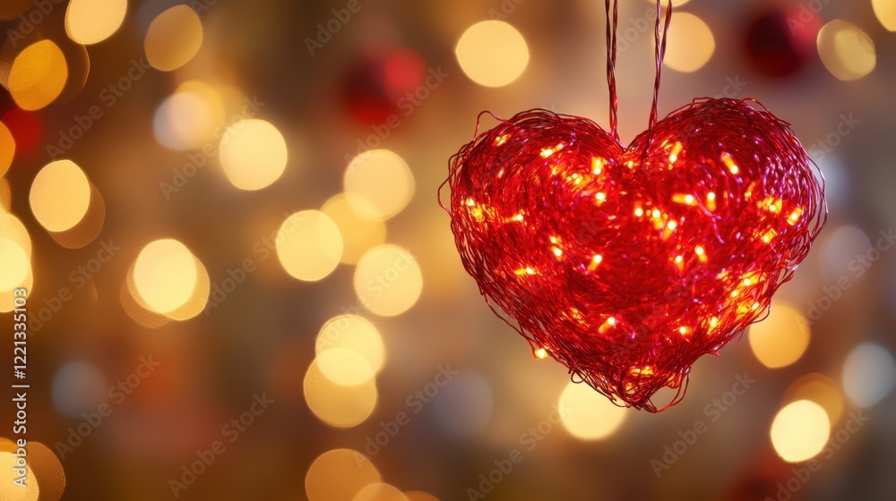 A red heart hangs delicately from a string, illuminated by soft lights in the background, perfect for Valentine's Day. A red heart hangs delicately from a string, illuminated by soft lights in the background, perfect for Valentine's Day.