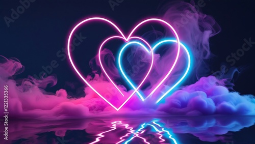 Neon Heart with Colorful Mist on Dark Background, Modern Valentines Day Art, Generative AI. photo