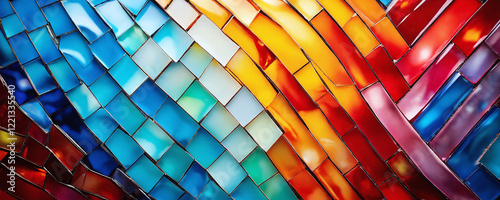 Colorful abstract mosaic design with vibrant patterns highlighting shades of blue, red, and orange