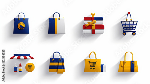 A Set of shopping and e-commerce vector icons with bags and carts in Blue and Yellow , unique vector icon set emoji