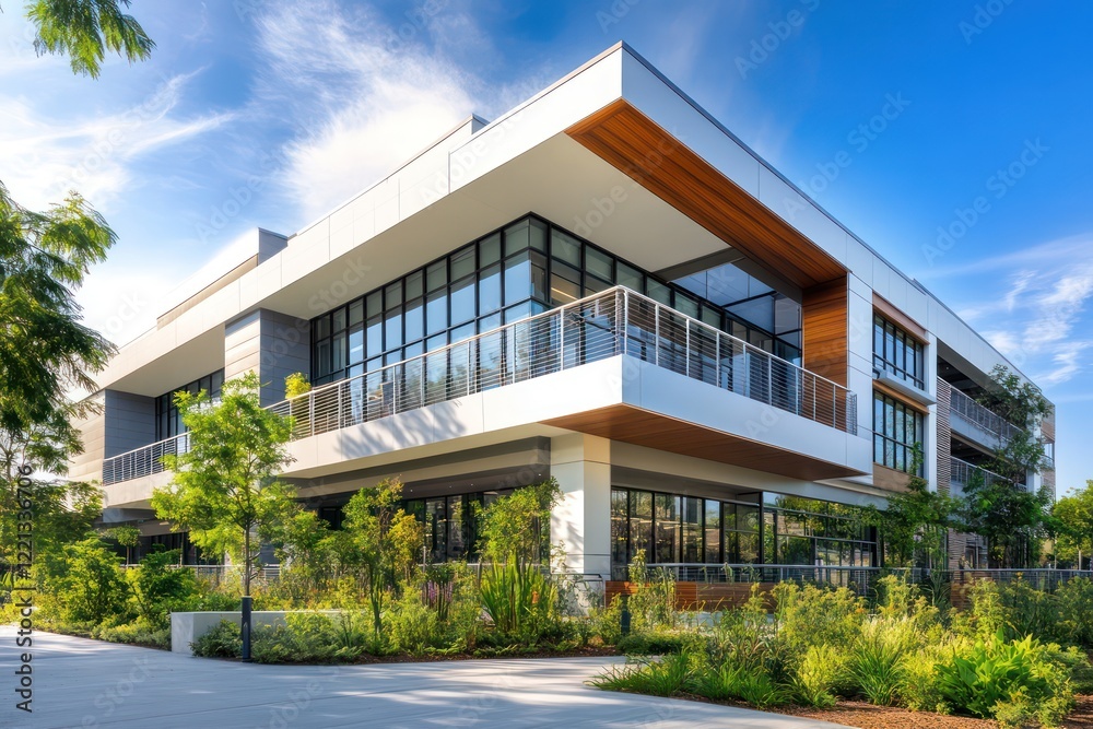 A modern health building with a clean facade, open air balconies, and lush landscaping A modern health building with a clean facade, open air balconies, and lush landscaping