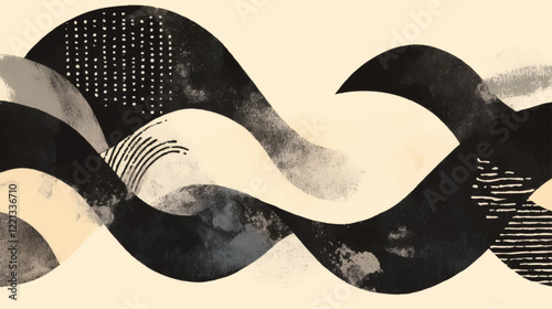 Wallpaper Mural Abstract Wavy Geometric Composition in Black and White with Organic Shapes, Textures, and Patterns on a Neutral Background Torontodigital.ca