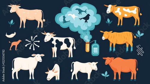 Colorful illustration featuring various farm animals and elements. photo