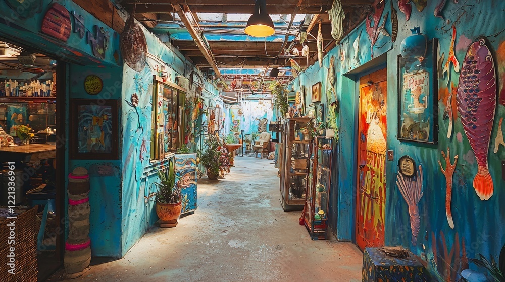 Obraz premium Artistic colorful urban alley with graffiti and boutique shops