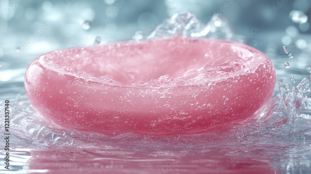 Fototapeta premium Pink Rubber Ring Floating on Water Creating Splash Effects