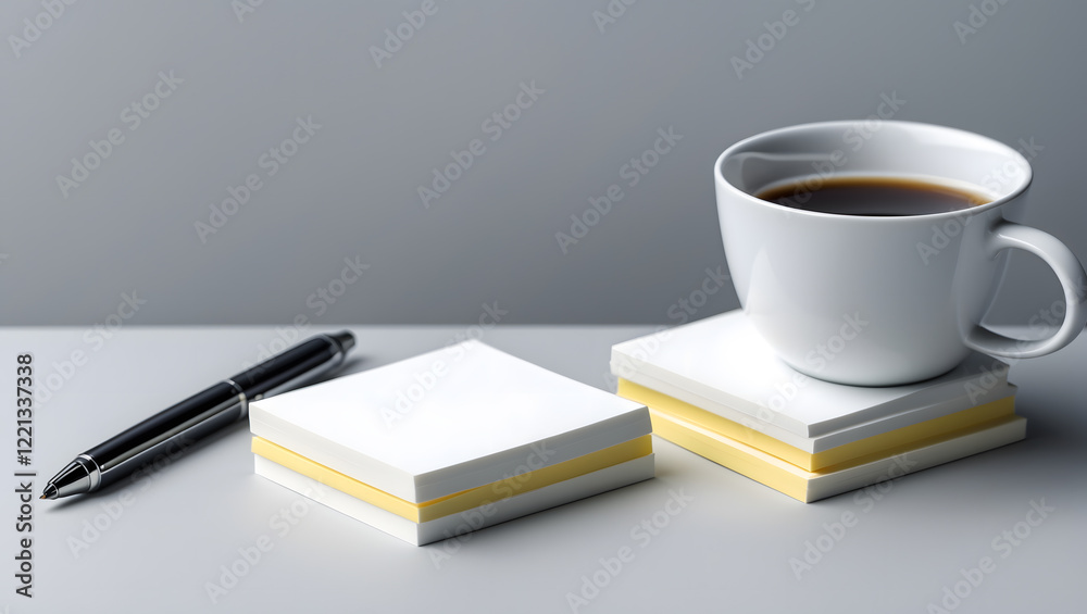 Coffee cup on table with coasters and pen, creating a perfect workspace ambiance during morning hours Coffee cup on table with coasters and pen, creating a perfect workspace ambiance during morning hours