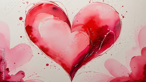 Romantic Watercolor Heart Painting in Soft Pink and Red, Valentines Day Artistic Artwork, Generative AI.
