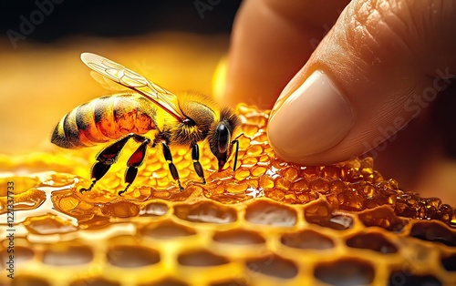 Proverbs, No Bees No Honey, A close-up of a beekeeper collecting honey from a hive, bees buzzing around the golden comb