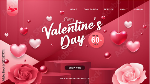 Vector landing page template greeting card for Valentines day. Valentine's decoration on pink background illustration. Celebrate event and sale