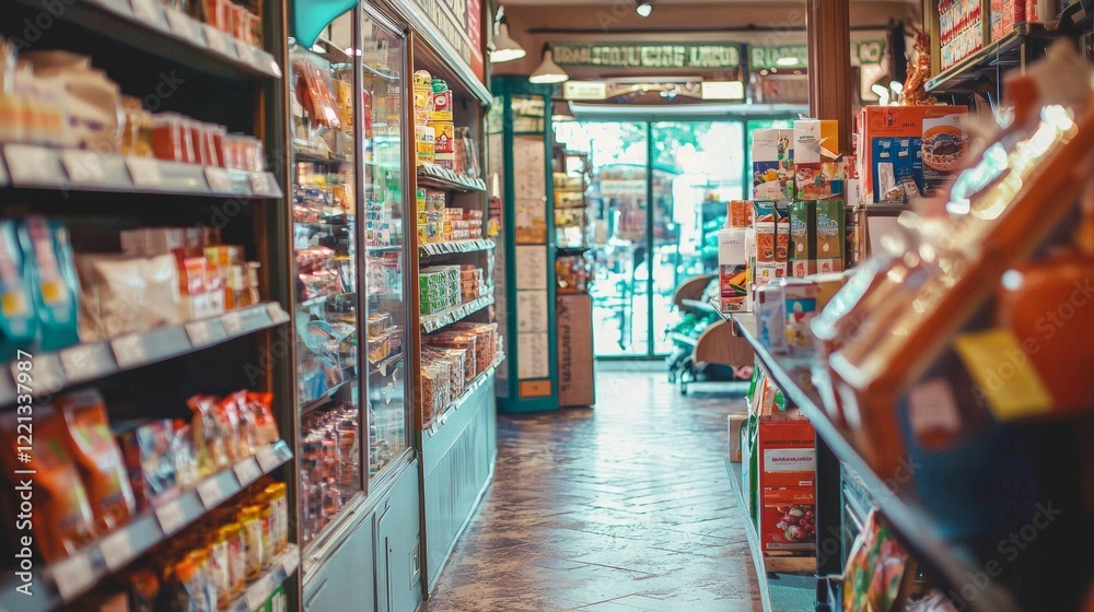 Fototapeta premium Modern grocery store aisle filled with colorful products