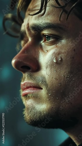 Young man crying, his face partially shadowed and tears streaming down his cheeks, reflecting profound emotional distress and solitude. Problems with mental health. Vertical picture.