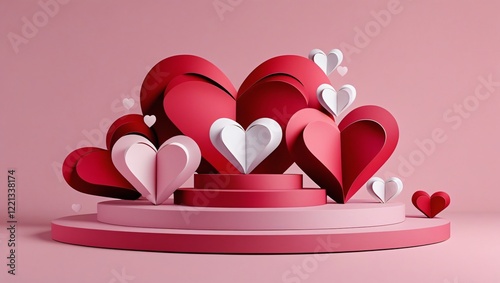 3D Heart-Themed Valentines Day Illustration with Paper-Like Heart Shapes on Pink Platform, Generative AI.