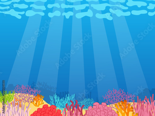 Underwater background. Tropical ocean plants, undersea algae and corals, blue water surface. Aquatic backdrop with empty space. Pure blue liquid. Vector cartoon flat isolated illustration