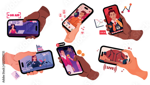 Hand hold smartphone. News phone app, people or movie person on streaming or podcast, online digital set. Watching social media video and news, device touch screen application. Vector icons
