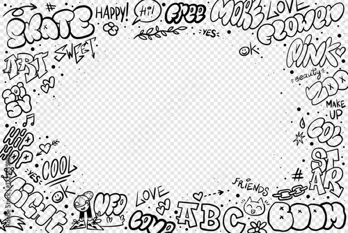 Street wall. Punk graffiti. Rap frame with hip hop tags. Paint signature. Text decoration with spray texture. Aerosol lettering border. Black marker graphic. Vector underground background