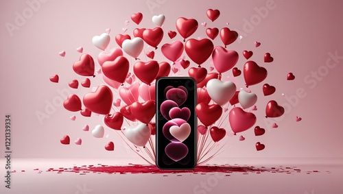 Modern Smartphone Surrounded by Heart-Shaped Balloons in Shades of Pink, Red, and White, Valentines Day Digital Artwork, Generative AI.