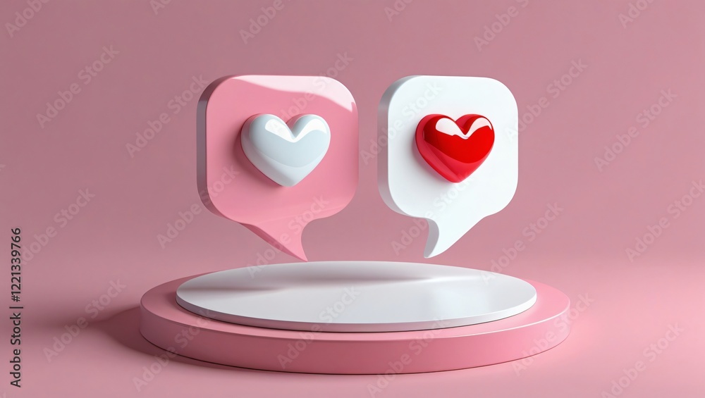 Minimalist 3D Illustration of Speech Bubbles with Heart Symbols on Soft Pink Background, Valentines Day Artwork, Generative AI. Minimalist 3D Illustration of Speech Bubbles with Heart Symbols on Soft Pink Background, Valentines Day Artwork, Generative AI.