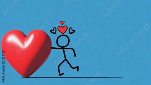Minimalist Illustration of Red 3D Heart Embraced by Stick Figure on Blue Background, Valentines Day Conceptual Art, Generative AI.