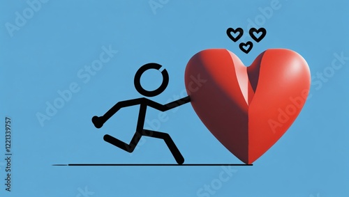 Minimalist Illustration of Red 3D Heart Embraced by Stick Figure on Blue Background, Valentines Day Conceptual Art, Generative AI.