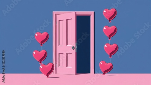 Surreal Illustration of Pink Door Ajared with Floating Heart-Shaped Balloons in Pink and Red, Valentines Day Fantasy Scene, Generative AI.