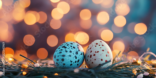 Colorful Easter Eggs on Grass with Bokeh Lights photo