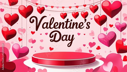 Romantic Digital Illustration Featuring Red 3D Heart Ornaments, Central Platform, and Elegant Valentines Day Design, Generative AI.