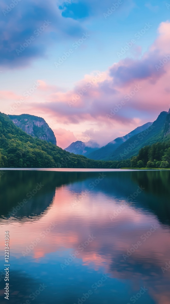 Serene lake reflecting mountains and colorful sky at dusk, surrounded by lush greenery and tranquil atmosphere Serene lake reflecting mountains and colorful sky at dusk, surrounded by lush greenery and tranquil atmosphere